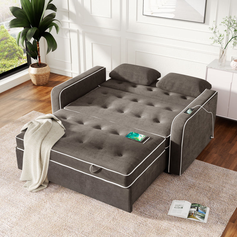 Upholstered Sleeper Bed, Pull Out Sofa Bed Couch Attached Two Throw Pillows, Dual USB Charging Port And Adjustable Backrest