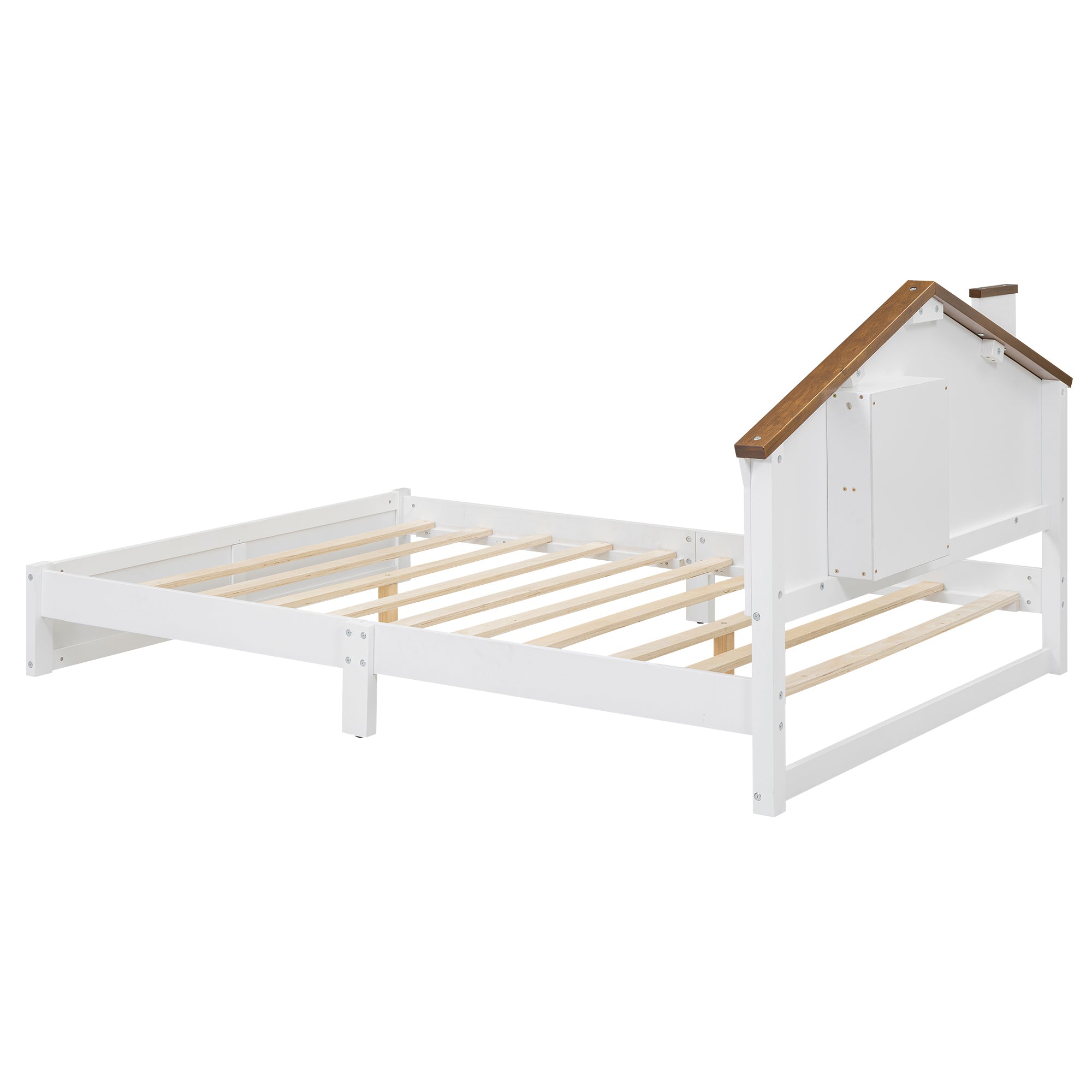 Full Size Wood Platform Bed with House-shaped Headboard and Built-in LED, Walnut+White - Atlantic Fine Furniture Melbourne FL