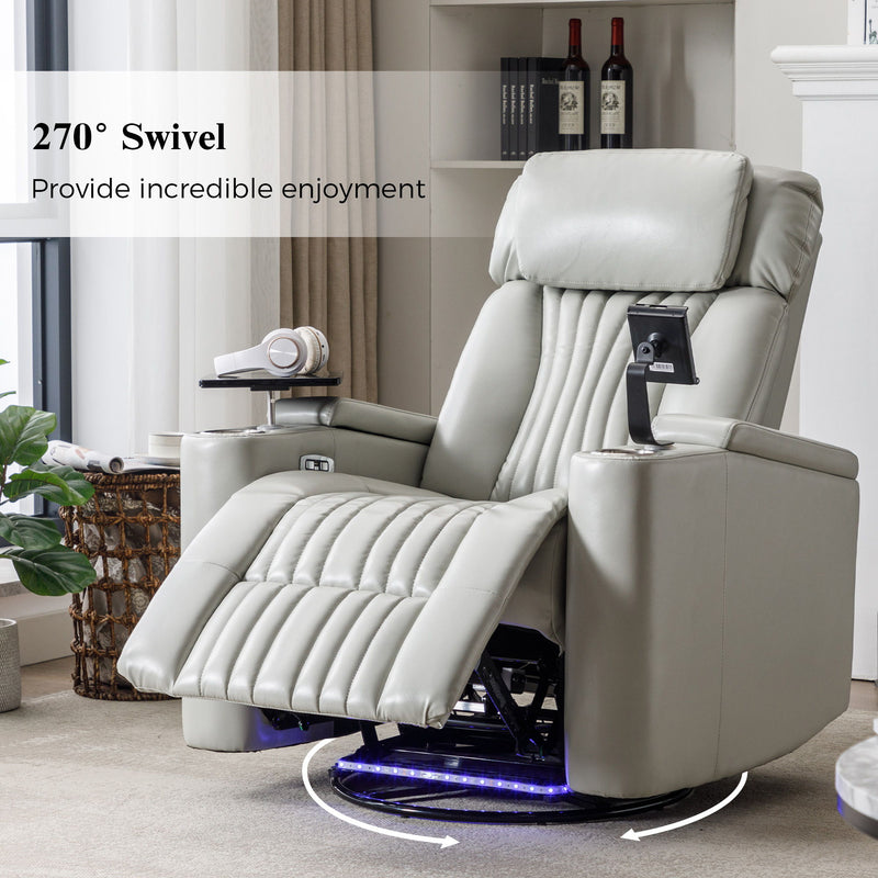 270 Degree Power Swivel Recliner, Home Theater Seating With Hidden Arm Storage And LED Light Strip, Cup Holder, 360 Degree Swivel Tray Table, And Cell Phone Holder, Soft Living Room Chair