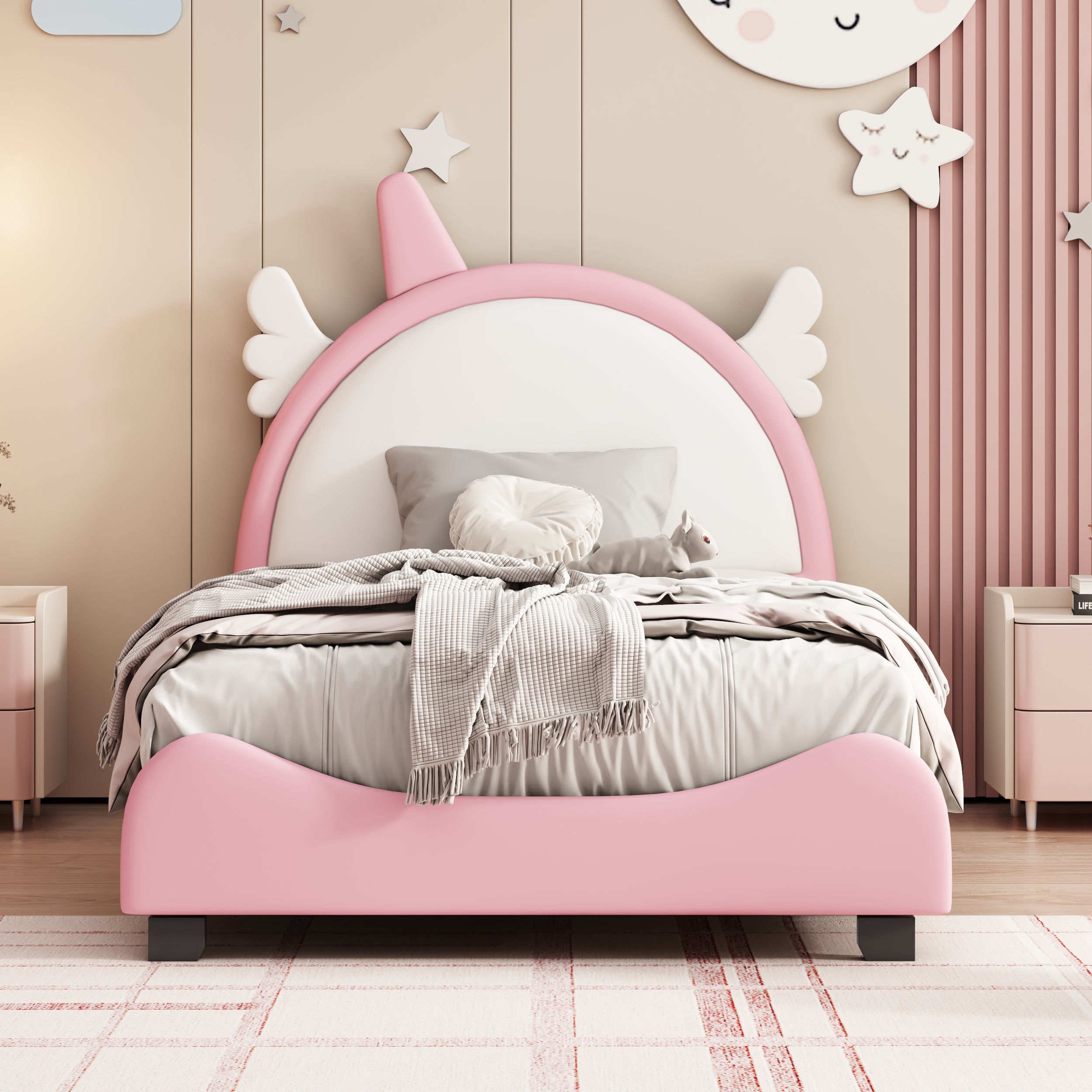 Cute Twin size Upholstered Bed With Unicorn Shape Headboard,Twin Size Platform Bed with Headboard and Footboard,White+Pink - Atlantic Fine Furniture Melbourne FL