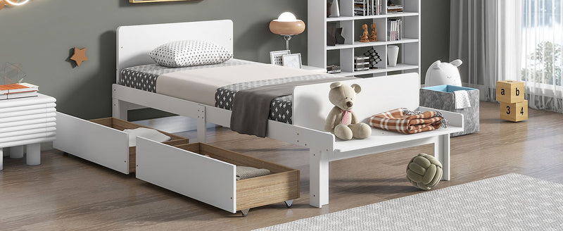 Twin Bed With Footboard Bench, 2 Drawers - White