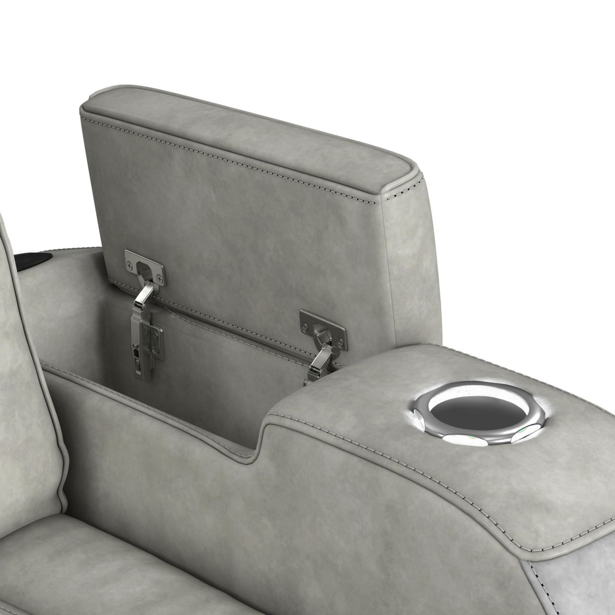 Prime Time P3 Sofa With Ddt, 3.0 Table, 7 Colors (Led And Cup Holders), Reading Light, Vibration, Speaker, And Heat Massage in Leather Gel Light Gray by Elements International, view 18
