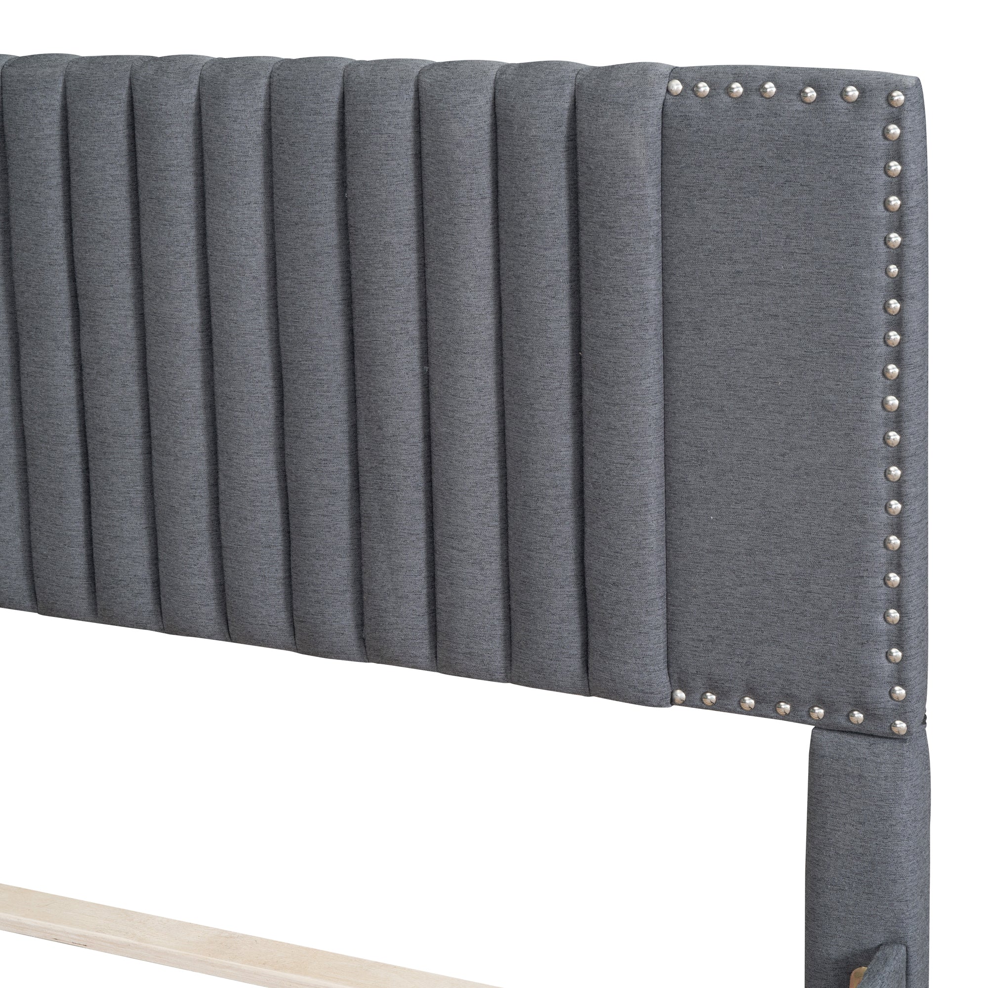 Queen Size Upholstered Platform Bed with 2 Drawers and 1 Twin XL Trundle, Classic Headboard Design, Gray - Atlantic Fine Furniture Melbourne FL