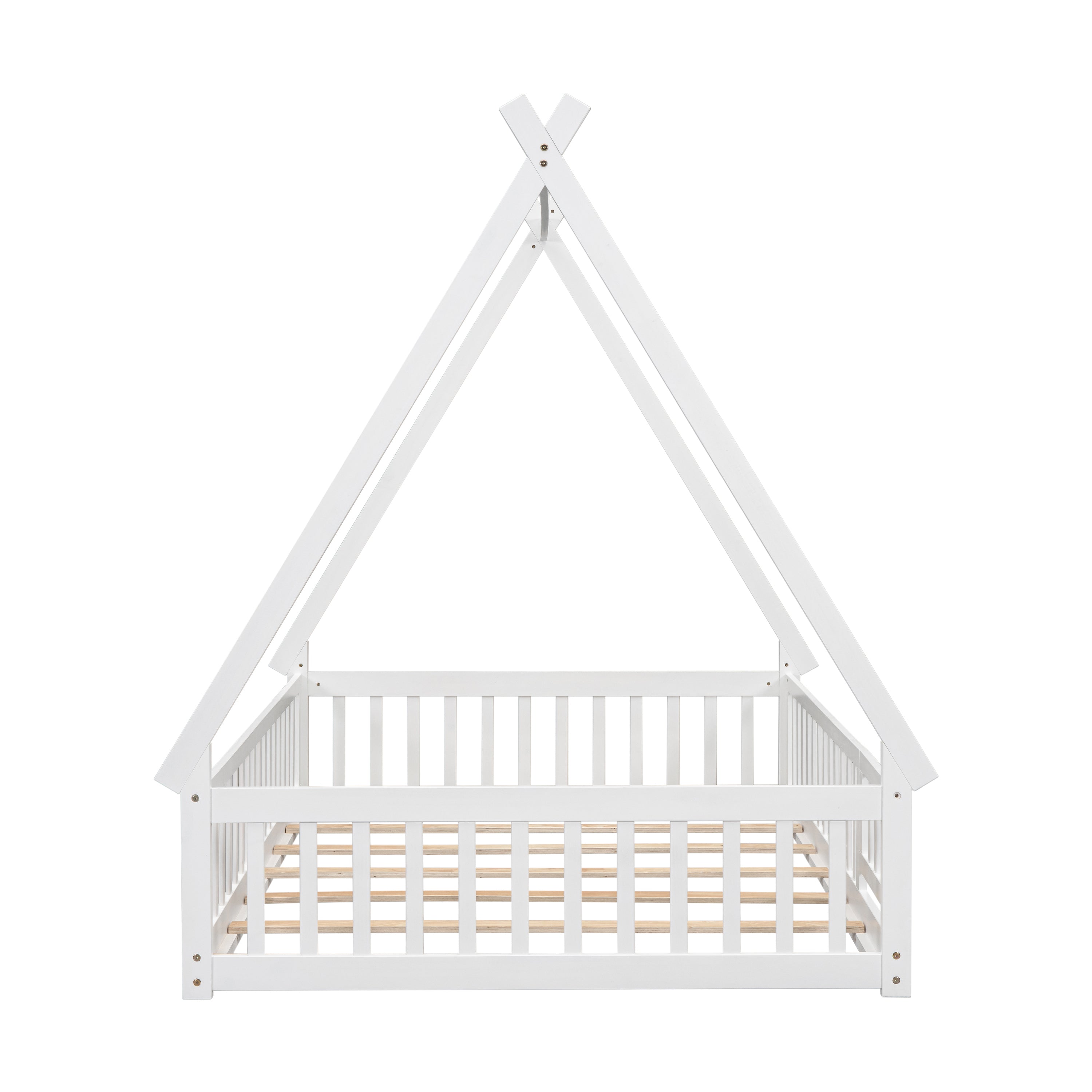 Full Tent-shaped Floor Bed, with Guardrails, Slats, Door ,White