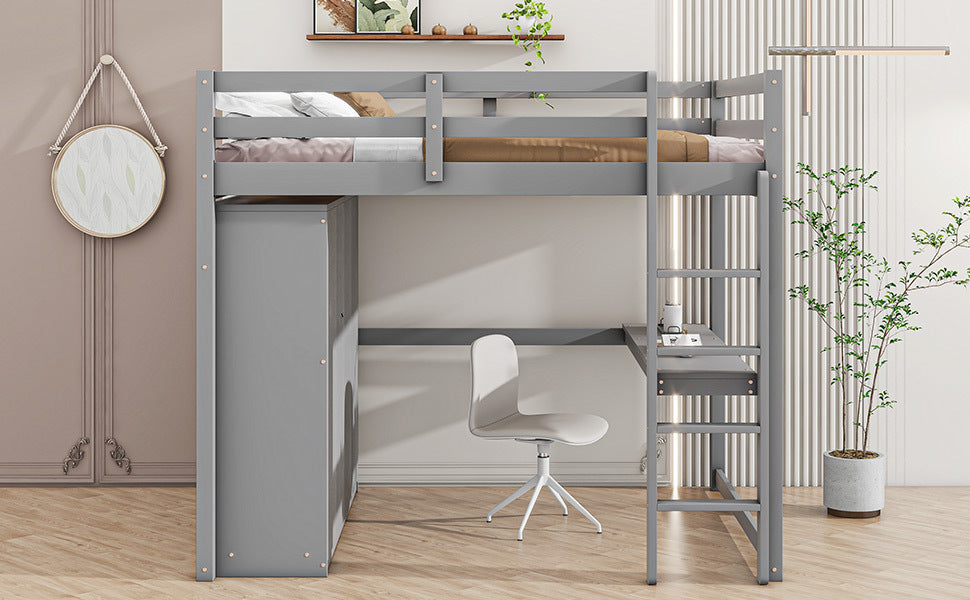 Wood Full Size Loft Bed with Built-in Wardrobe, Desk, Storage Shelves and Drawers, Gray - Atlantic Fine Furniture Melbourne FL