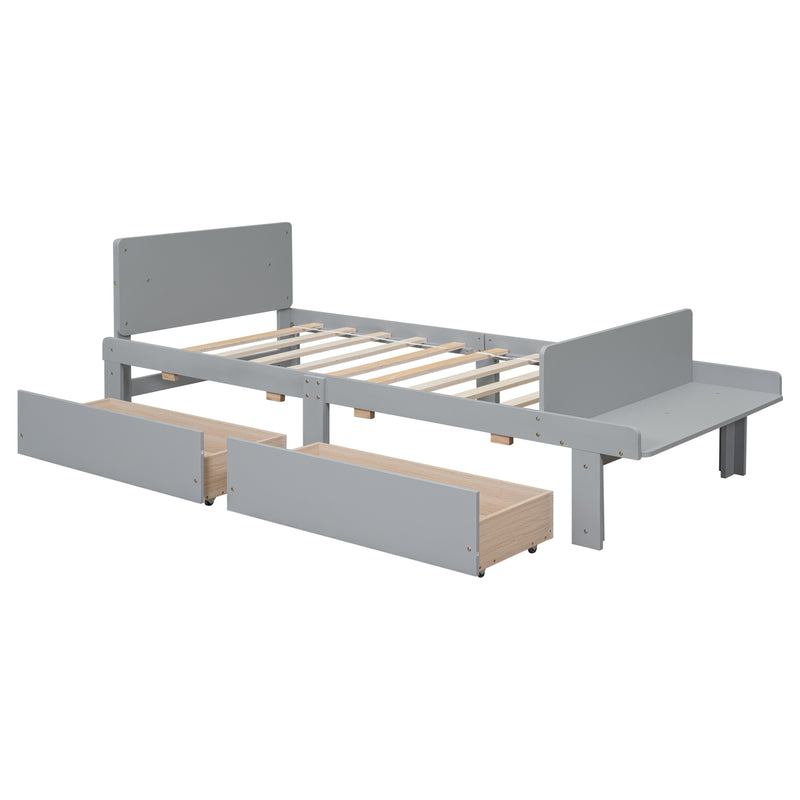 Twin Bed with Footboard Bench,2 drawers,Grey