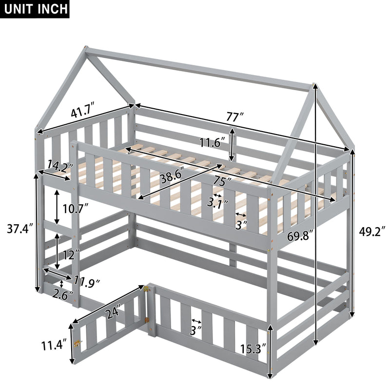 Twin Over Twin House Bunk Bed With Fence And Door - Gray