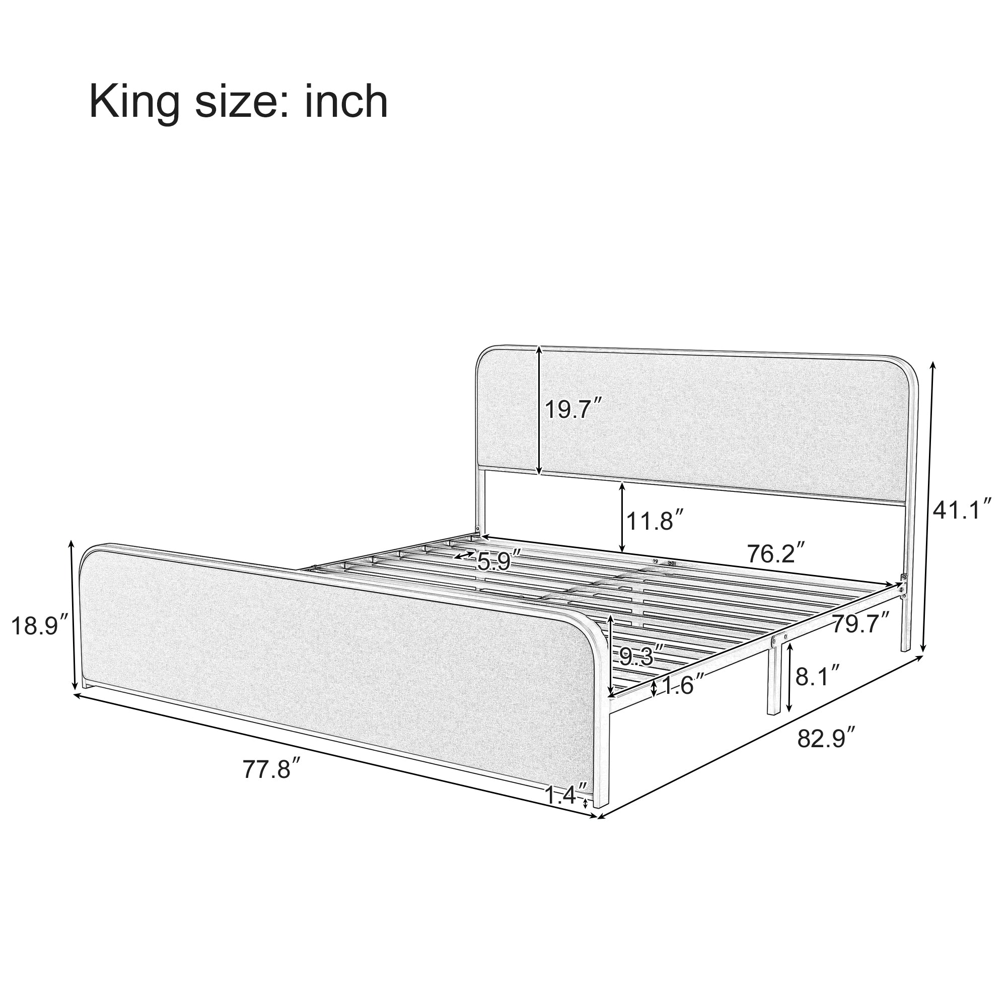 Modern Metal Bed Frame with Curved Upholstered Headboard and Footboard Bed with Under Bed Storage, Heavy Duty Metal Slats, King Size, Grey - Atlantic Fine Furniture Melbourne FL