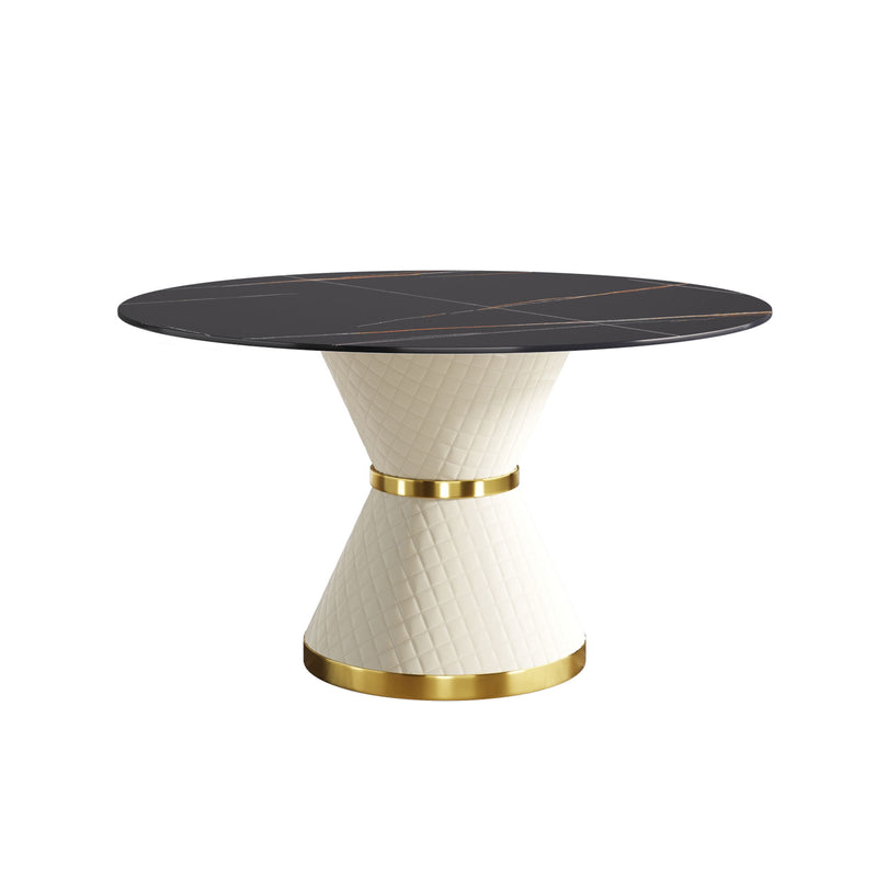 53.15" Modern Artificial Stone Round Carbon Steel Base Dining Table, Can Accommodate 6 People - Black / White