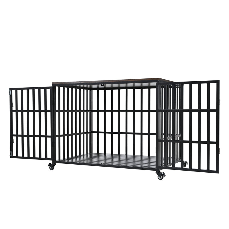 Heavy Duty Dog Crate For Large Medium Dogs, Furniture Style Cage With 4 Lockable Wheels And 2 Locks, Decorative Pet House Wooden Cage Kennel Furniture Indoor - Black