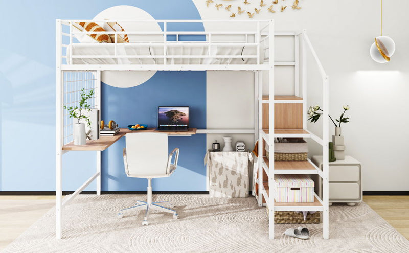 Loft Bed With Desk And Grid, Stylish Frame With Lateral Storage Ladder And Wardrobe