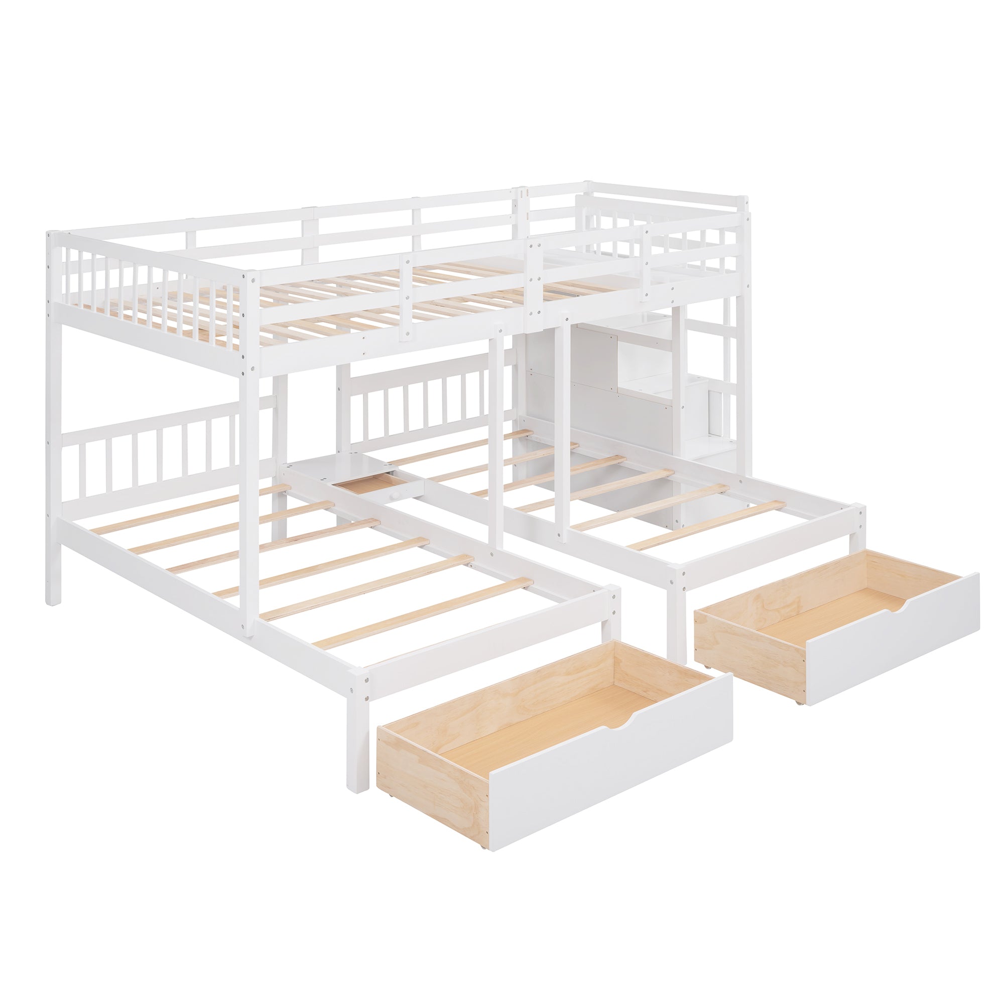 Full Over Twin & Twin Bunk Bed, Wood Triple Bunk Bed with Drawers and Guardrails (White) - Atlantic Fine Furniture Melbourne FL