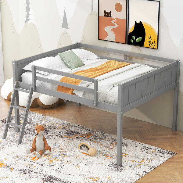 Full Size Wood Loft Bed with Ladder, ladder can be placed on the left or right, Gray