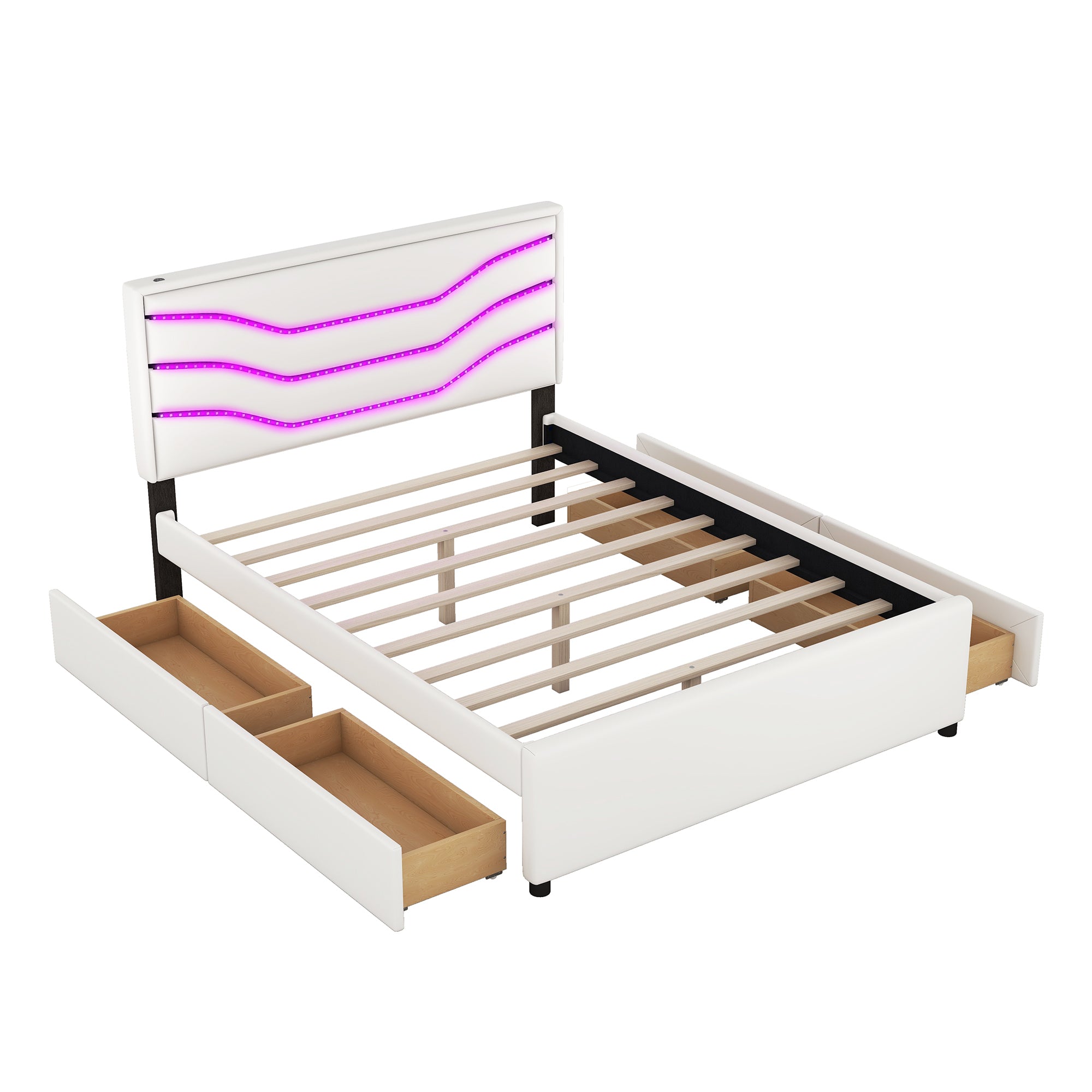 Queen Size Upholstered Storage Platform Bed with LED, 4 Drawers and USB Charging, White - Atlantic Fine Furniture Melbourne FL