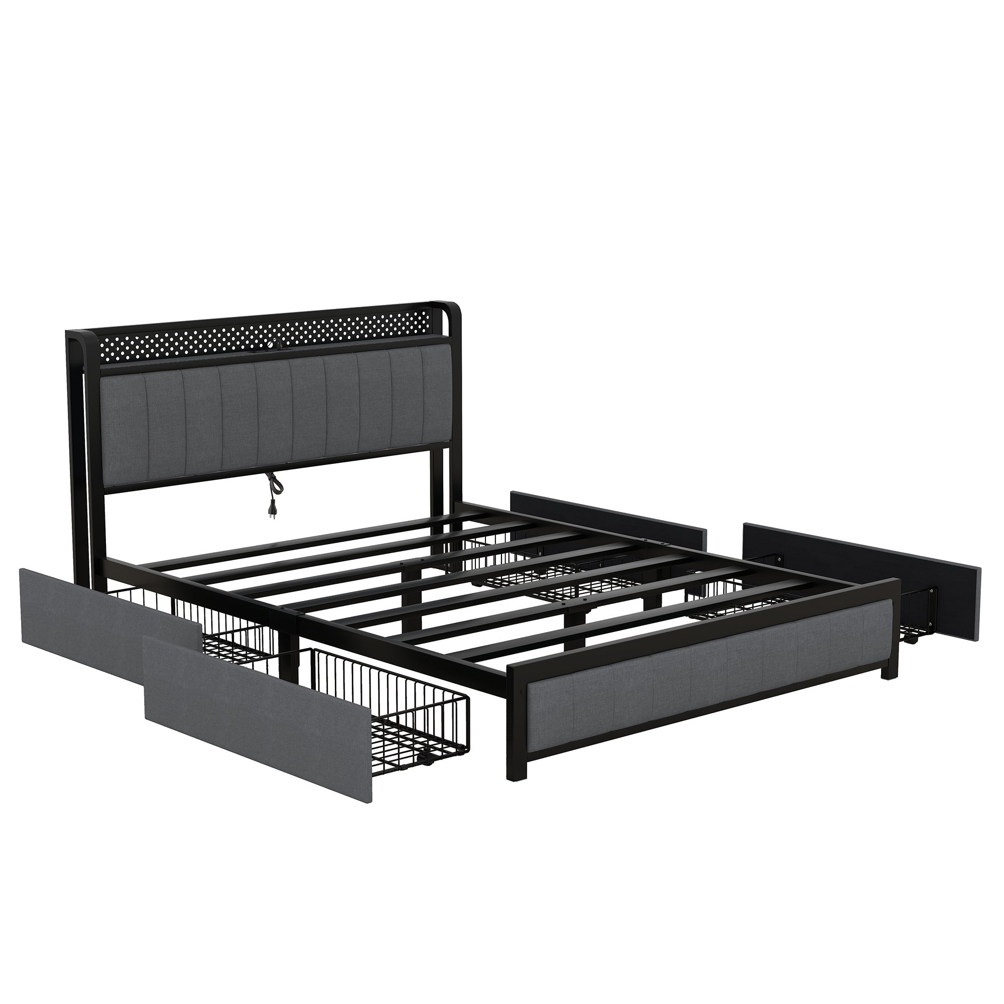 Queen Bed Frame with LED Headboard, Upholstered Bed with 4 Storage Drawers and USB Ports, Dark Grey - Atlantic Fine Furniture Melbourne FL