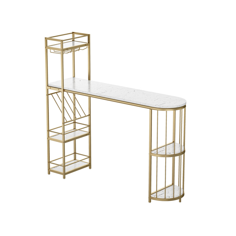 Modern White Kitchen Bar Height Dining Table Wood Breakfast Pub Table With Base With Shelves, Glass Rack, Wine Bottle Rack - White / Gold