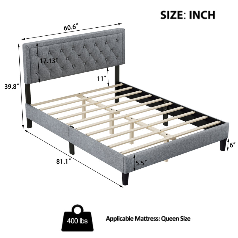 Queen size Panel Bed Frame with Adjustable Button-Tufted Headboard for Bedroom/Linen Upholstered/Wood Slat Support/Easy Assembly,Light Grey