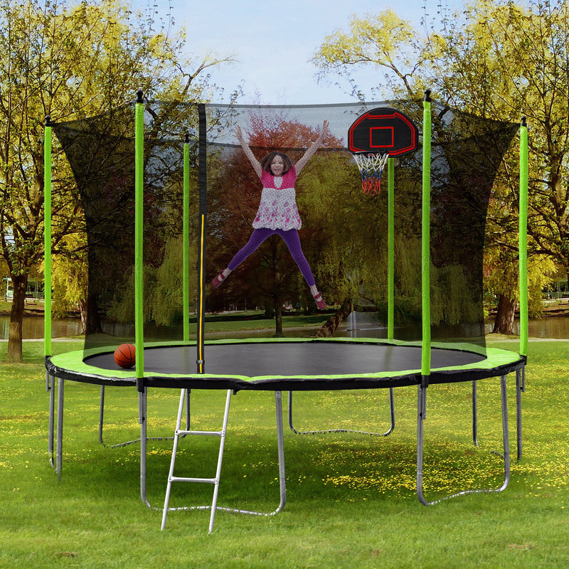 14Ft Trampoline With Basketball Hoop Inflator And Ladder (Inner Safety Enclosure) - Green