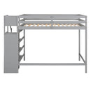 Full Size Loft Bed with Built-in Storage Wardrobe and Staircase, Gray