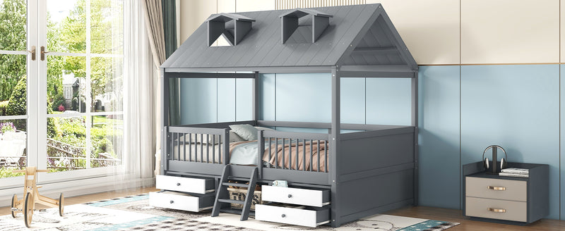 Full Size Wood Bed House Bed Frame,Gray