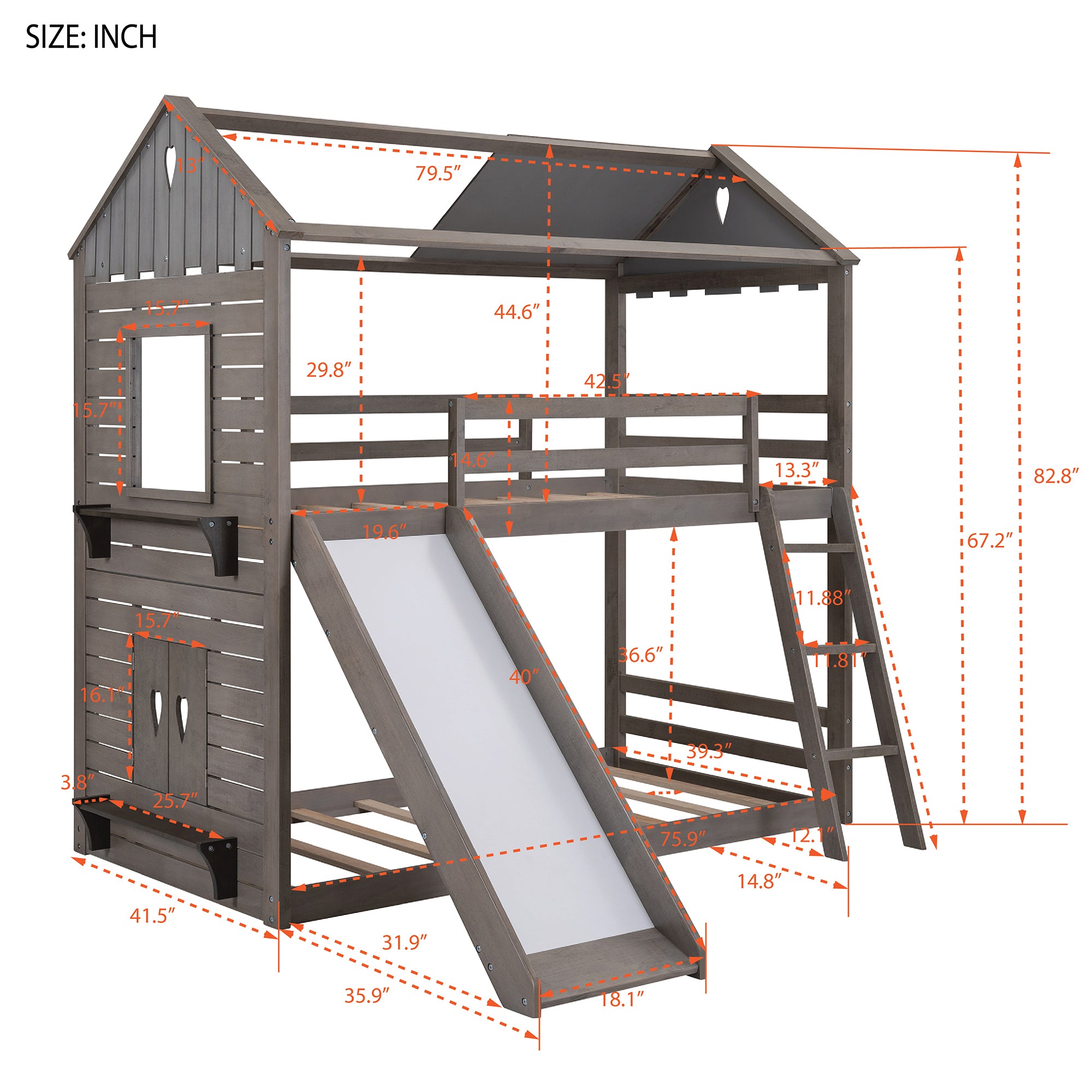 Twin Over Twin Bunk Bed Wood Bed with Roof, Window, Slide, Ladder ,Antique Gray(OLD SKU:LP000059AAE) - Atlantic Fine Furniture Melbourne FL