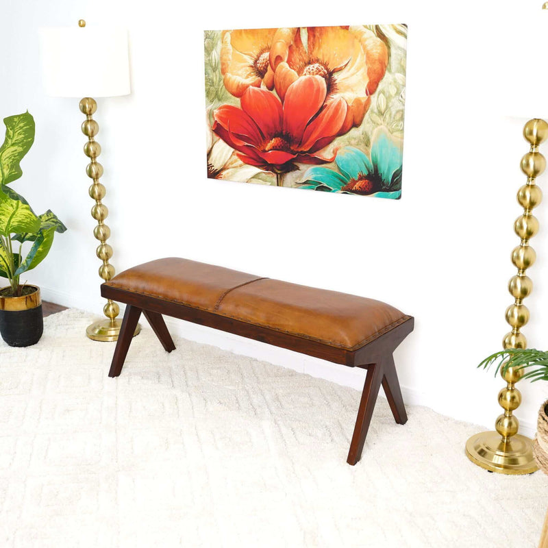 Chad - Mid-Century Modern Leather Bench - Brown / Tan