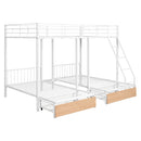 Full Over Twin & Twin Bunk Bed, Metal Triple Bunk Bed with Drawers and Guardrails, White