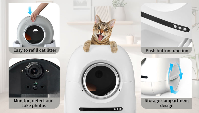 Self-Cleaning Cat Litter Box, 68L+9L, Suitable For A Variety Of Cat Litter, App Control, Real-Time Video, Photo And Video, Safe And Reliable, Ionic Deodorization, With Exhaust Hose, Support Wifi - White