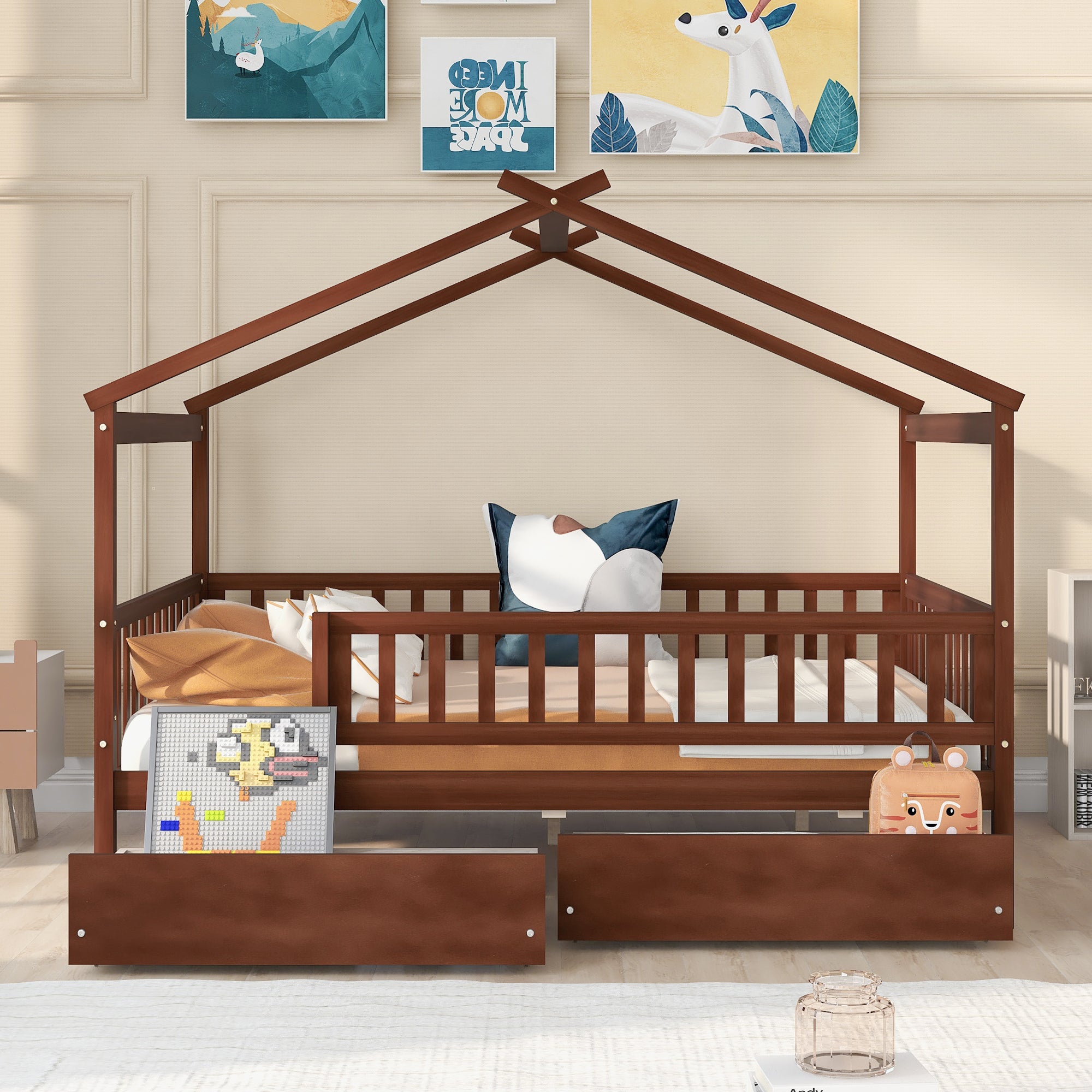 Full Size Wooden House Bed with Two Drawers, Walnut - Atlantic Fine Furniture Melbourne FL