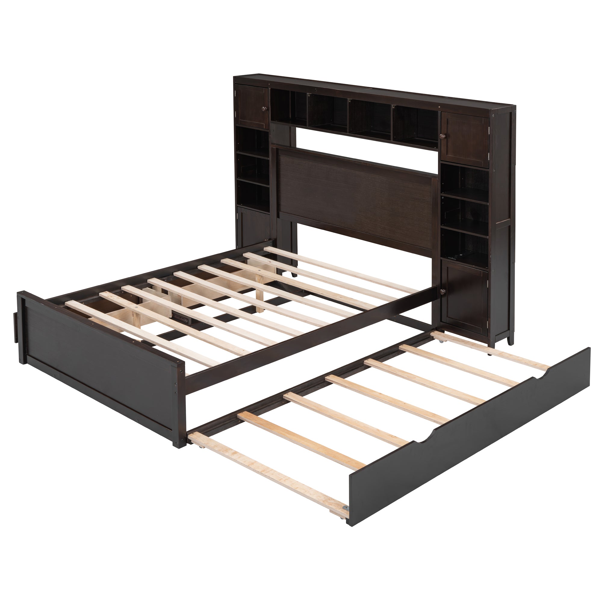 Full Size Wooden Bed With All-in-One Cabinet, Shelf and Sockets, Espresso - Atlantic Fine Furniture Melbourne FL