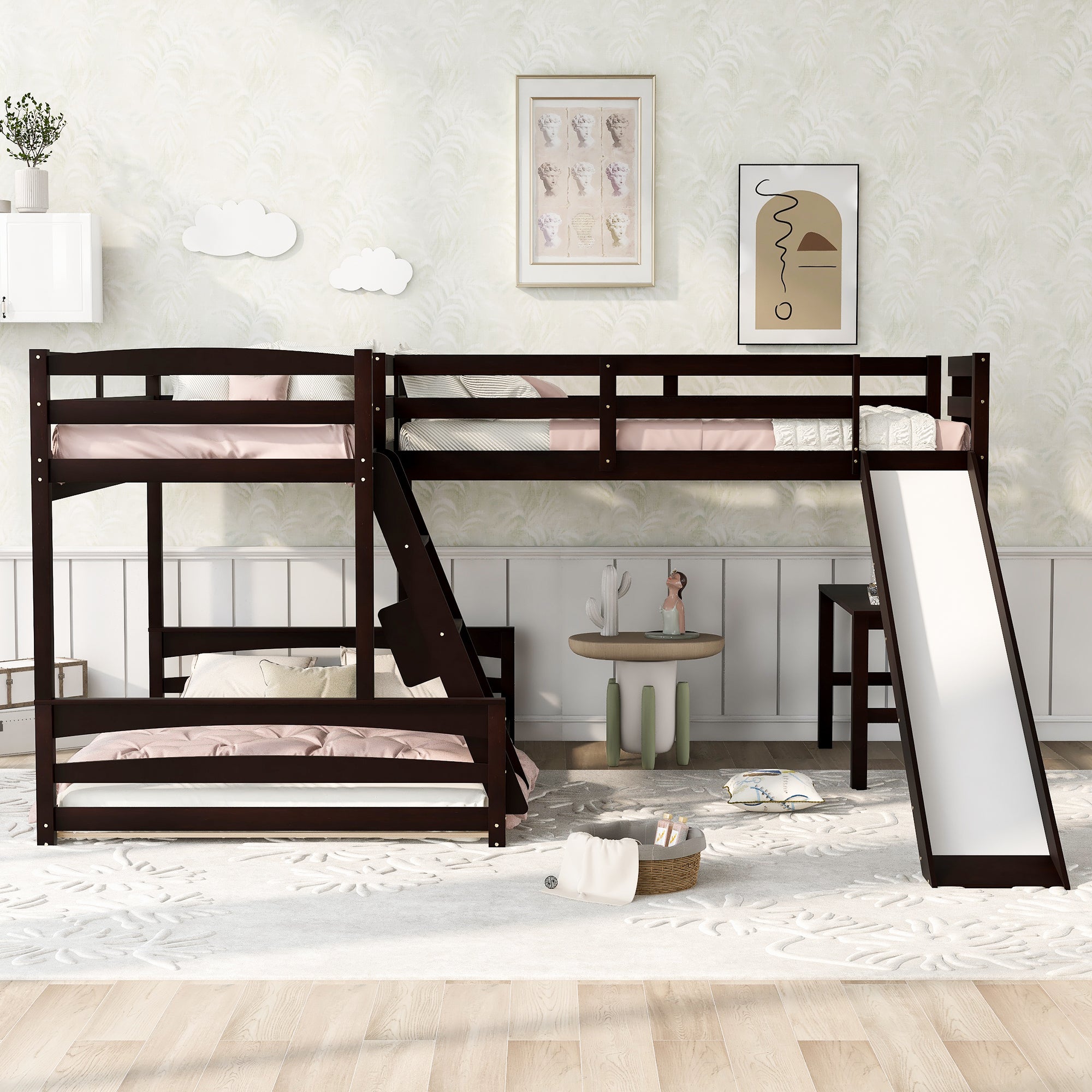 Twin over Full Bunk Bed with Twin Size Loft Bed with Desk and Slide,Full-Length Guardrail, Espresso - Atlantic Fine Furniture Melbourne FL