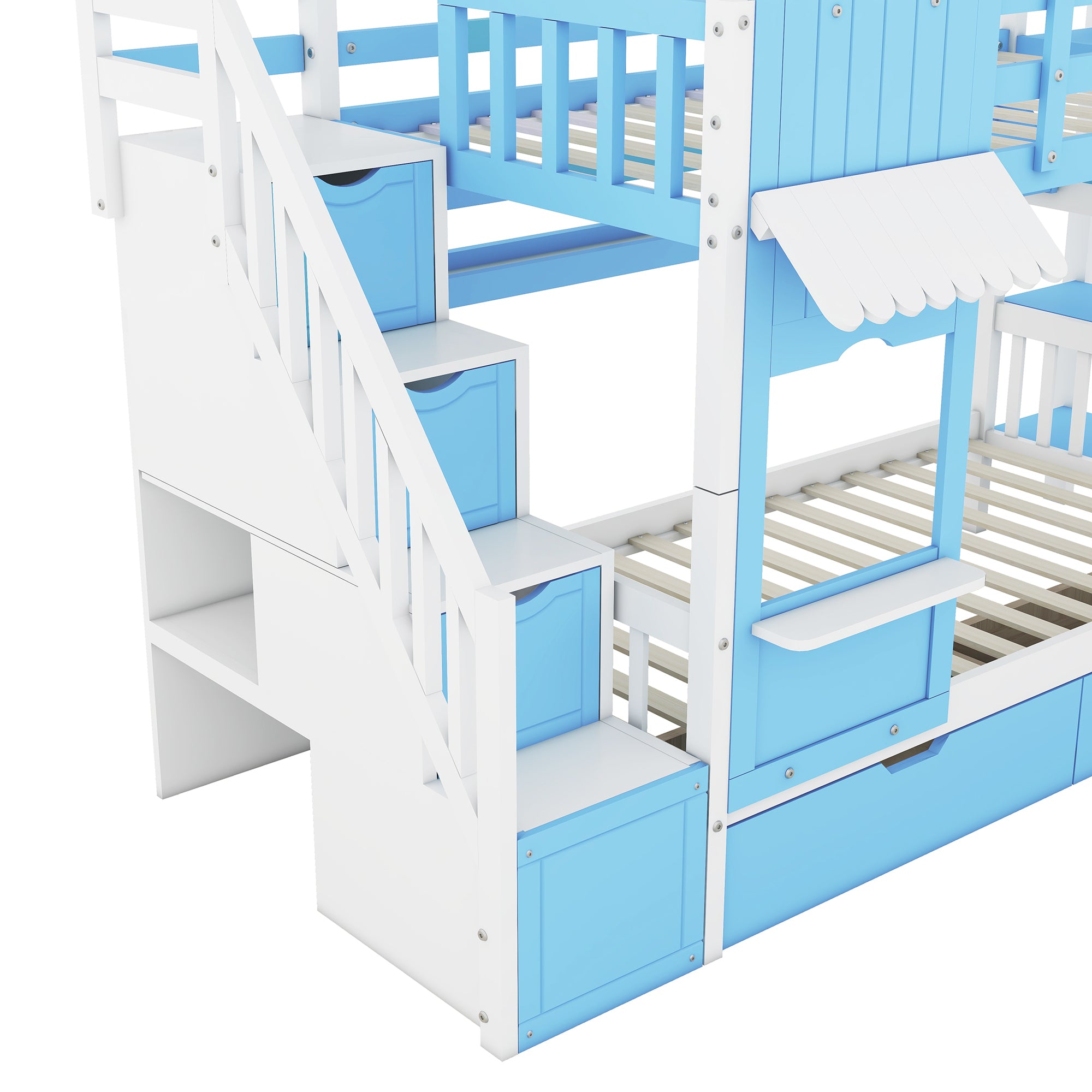 Twin-Over-Twin Castle Style Bunk Bed with 2 Drawers 3 Shelves and Slide - Blue - Atlantic Fine Furniture Melbourne FL