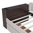 Twin Size Upholstered Daybed with Storage Armrest and 2 Drawers, Multi-functional Daybed with Cup Holder and a set of USB Ports and Sockets, Beige