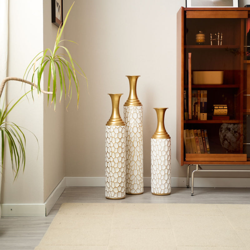 Floor Metal Vase Modern Style Decoration Home Metal Vase (Set of 3) Gorgeous Home Decoration Large Glazed Metal Vases - Gold / White