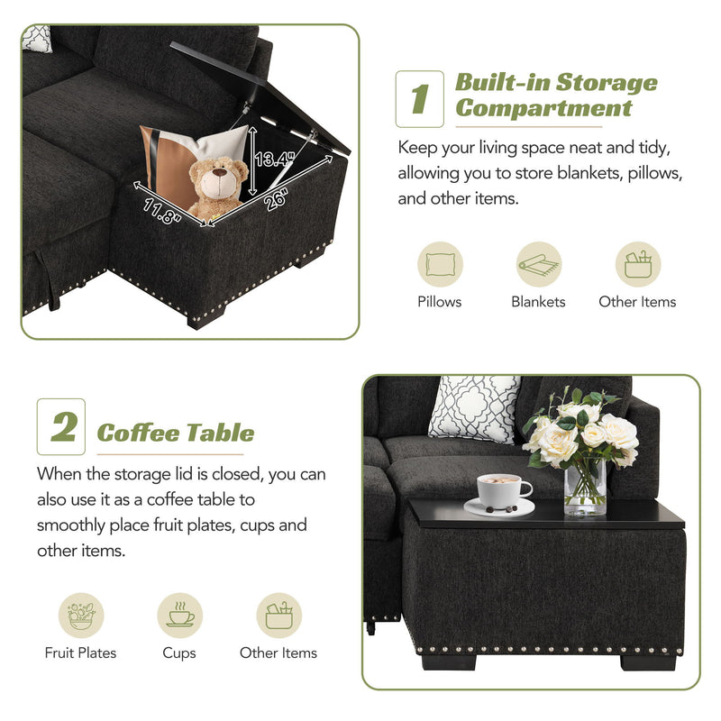 Sectional Pull-Out Sofa Bed L-Shaped Corner Sofa Couch With Storage Chaise, USB Ports, Power Sockets, Cup Holder For Living Room, Bedroom, Study