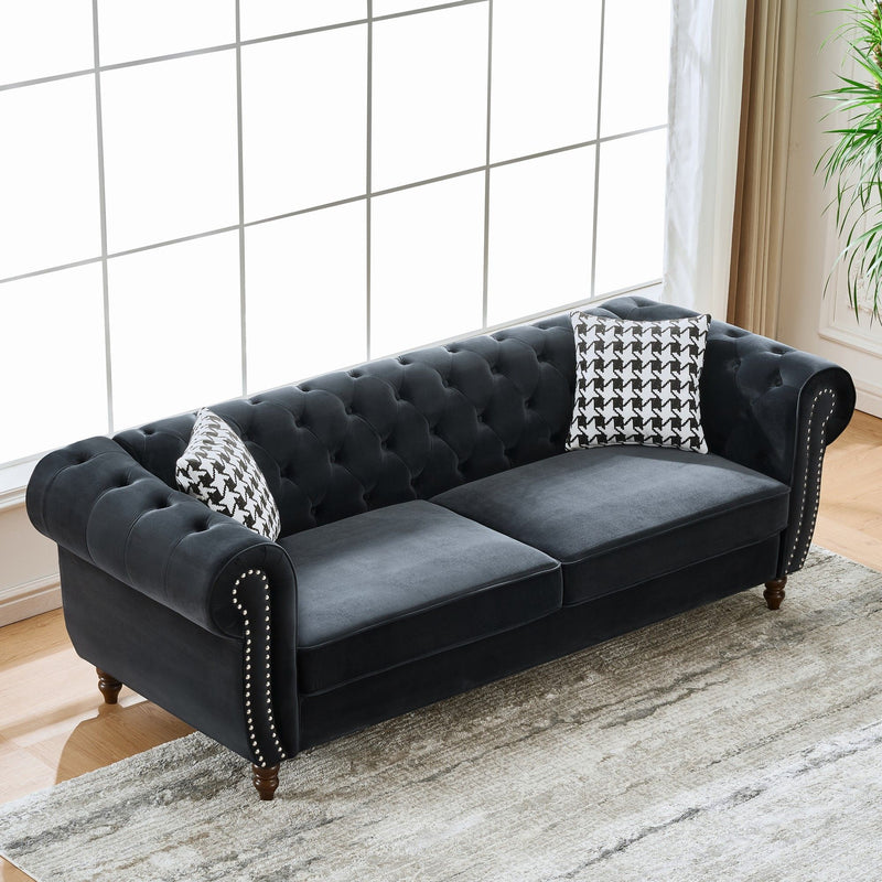 Chesterfield Velvet Upholstery Fabric Sofa With Roll Armrest & Nailhead