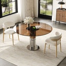 Round Glass Dining Table With Stainless Steel Legs And Chairs