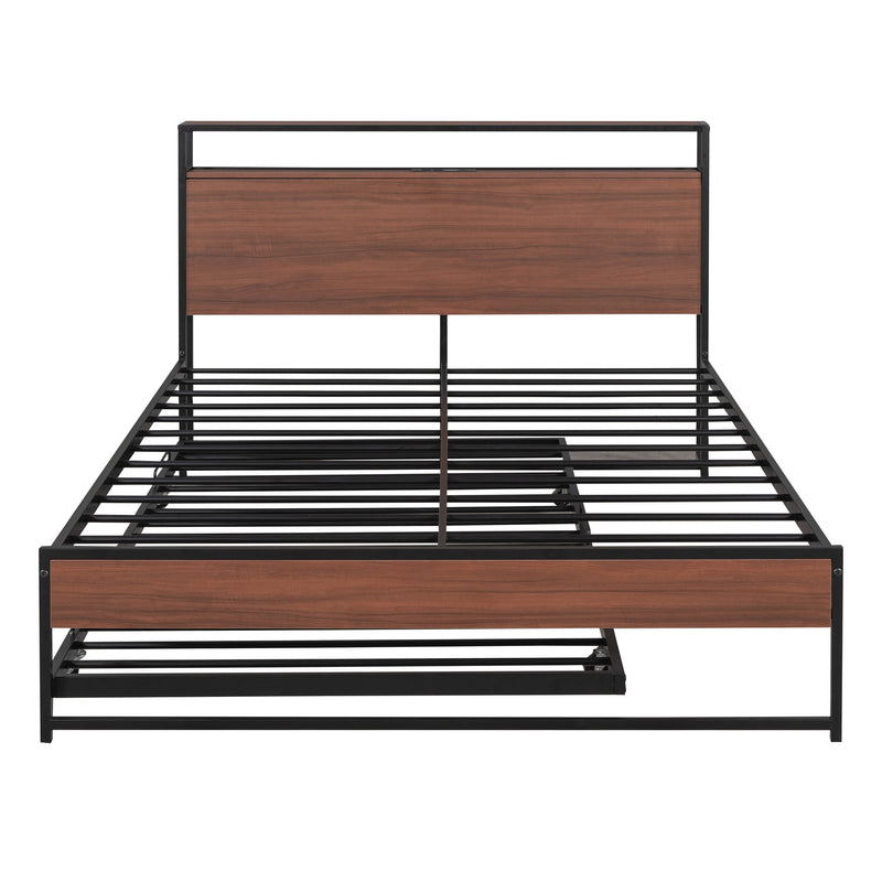 Full Size Metal Platform Bed Frame with Trundle, USB Ports and Slat Support ,No Box Spring Needed Black
