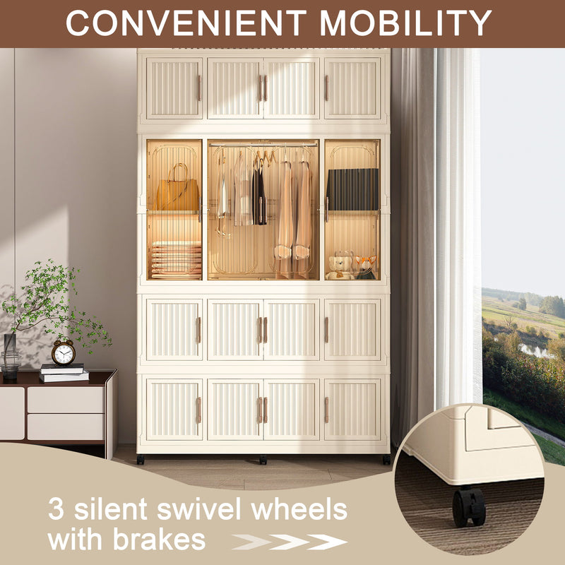 Portable Wardrobe Closet Storage Organizer With Magnetic Doors, Polypropylene - Cream White