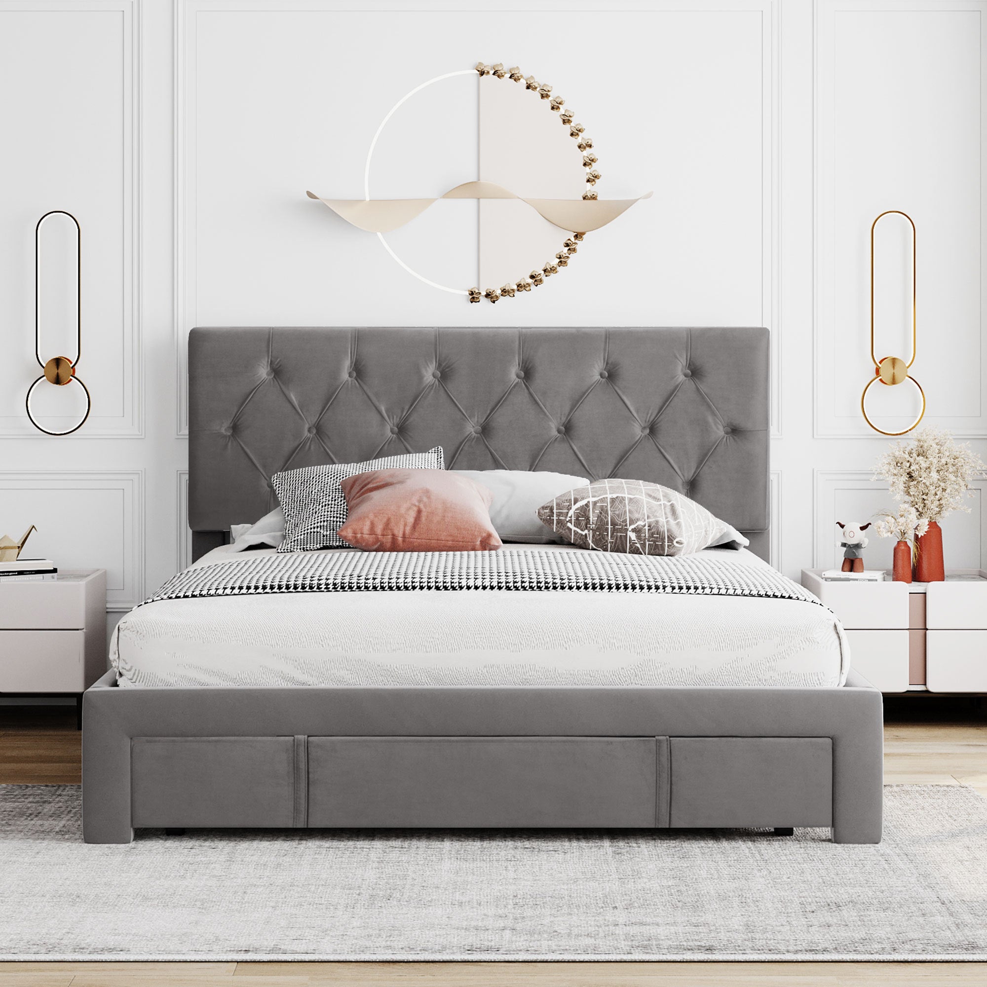 Queen Size Storage Bed Velvet Upholstered Platform Bed with a Big Drawer - Grey - Atlantic Fine Furniture Melbourne FL
