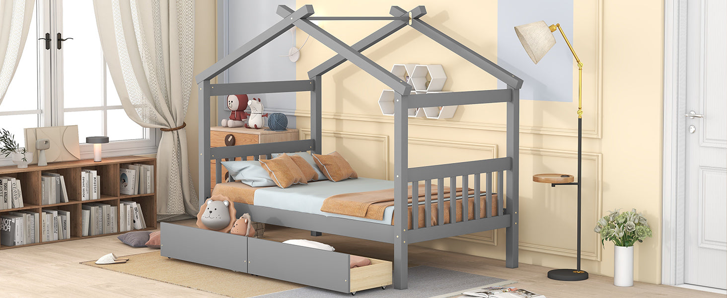 Twin Size Wooden House Bed with Drawers, Gray - Atlantic Fine Furniture Melbourne FL