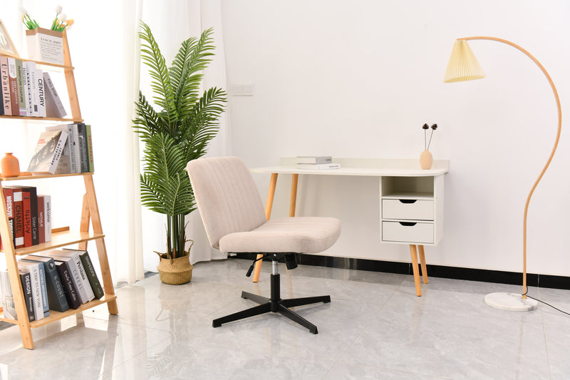 Cross Legged Office Chair, Wide Comfty Desk Chair, Vanity Home Chair No Wheels Armless Computer Task Chair, Swivel And Height Adjustable - Beige