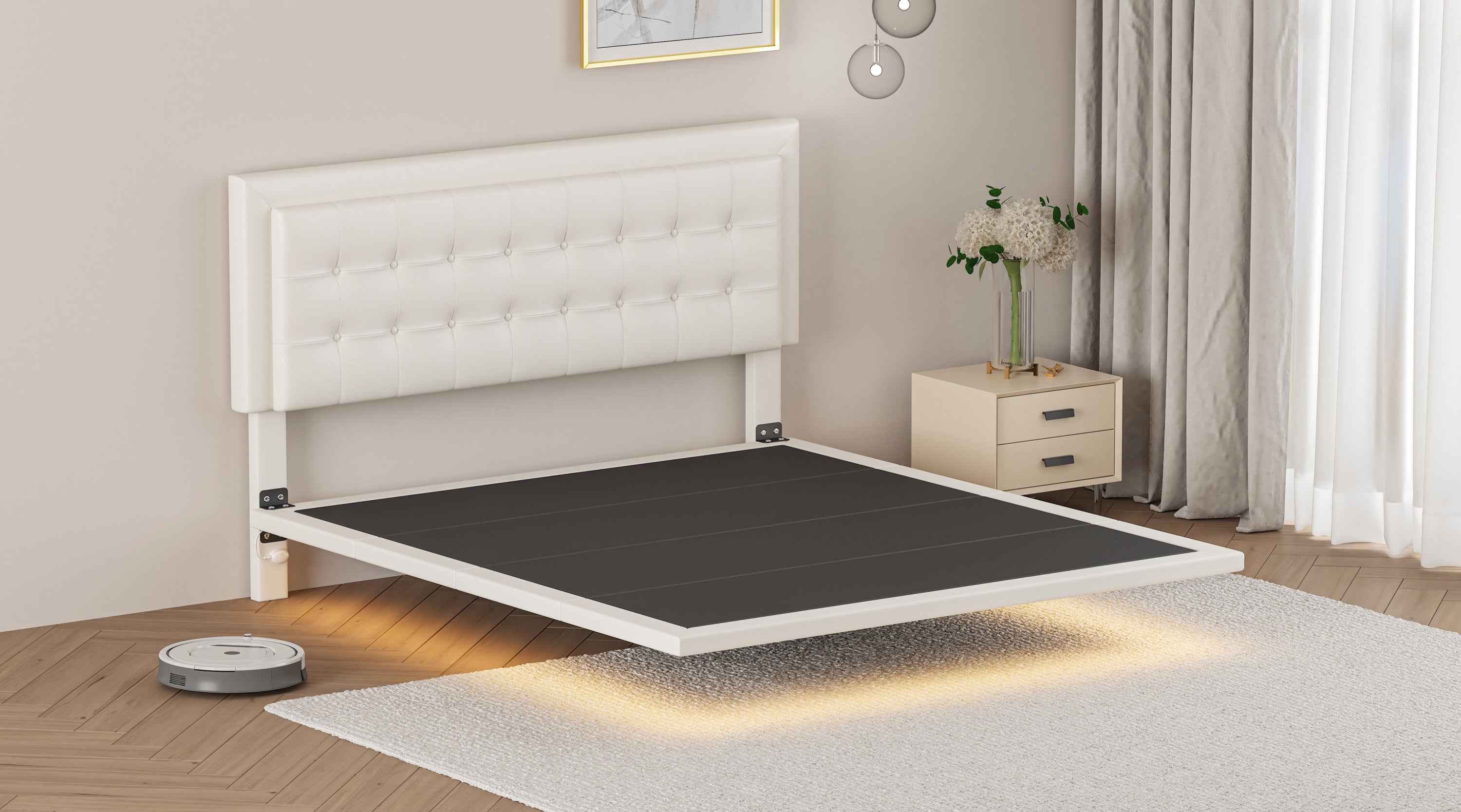 Queen Size Floating Bed Frame with Motion Activated Night Lights,Modern PU Upholstered Button Tufted Platform Bed Frame,White - Atlantic Fine Furniture Melbourne FL