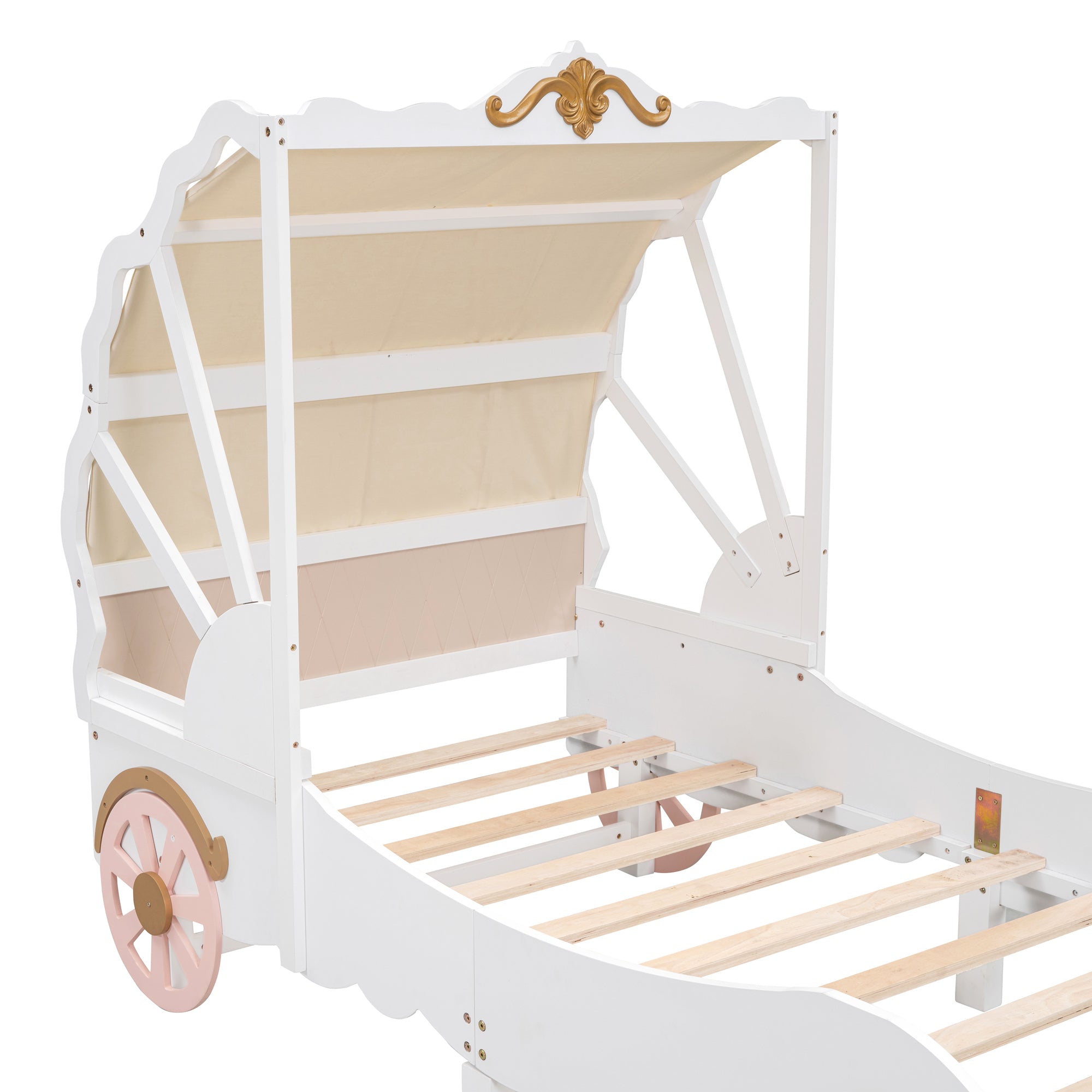 Twin Size Princess Carriage Bed with Canopy, Wood Platform Car Bed with 3D Carving Pattern, White+Pink+Gold - Atlantic Fine Furniture Melbourne FL