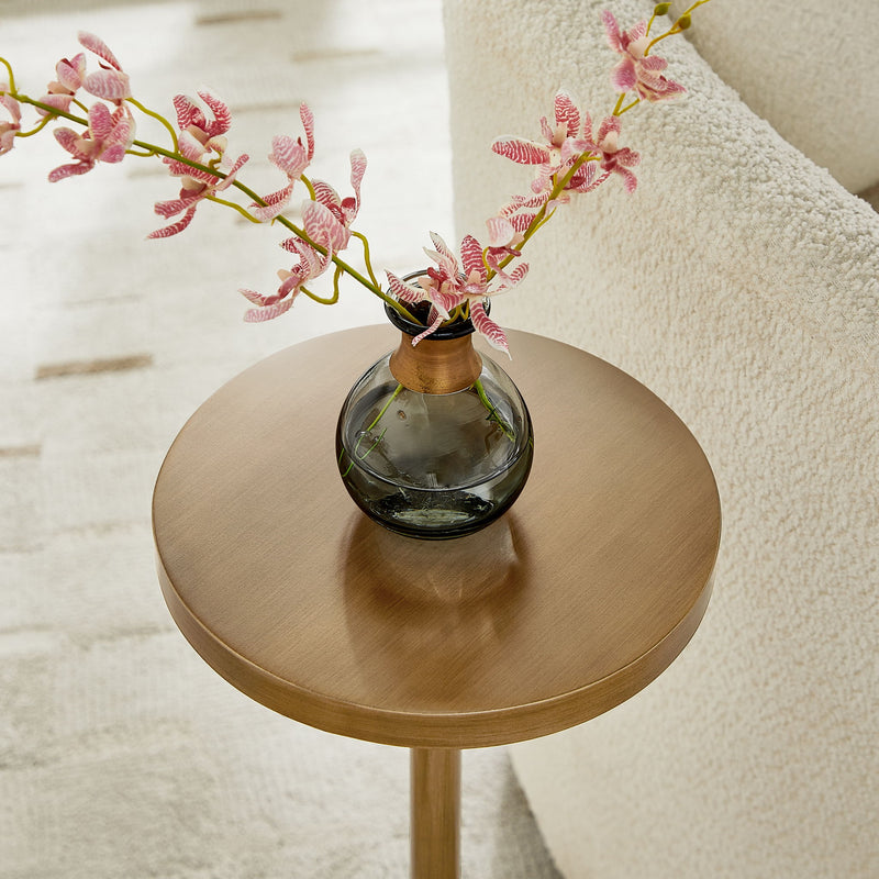 Morven - Adjustable Height Accent Table With Round Metal Top And Pedestal Base - Antique Brass