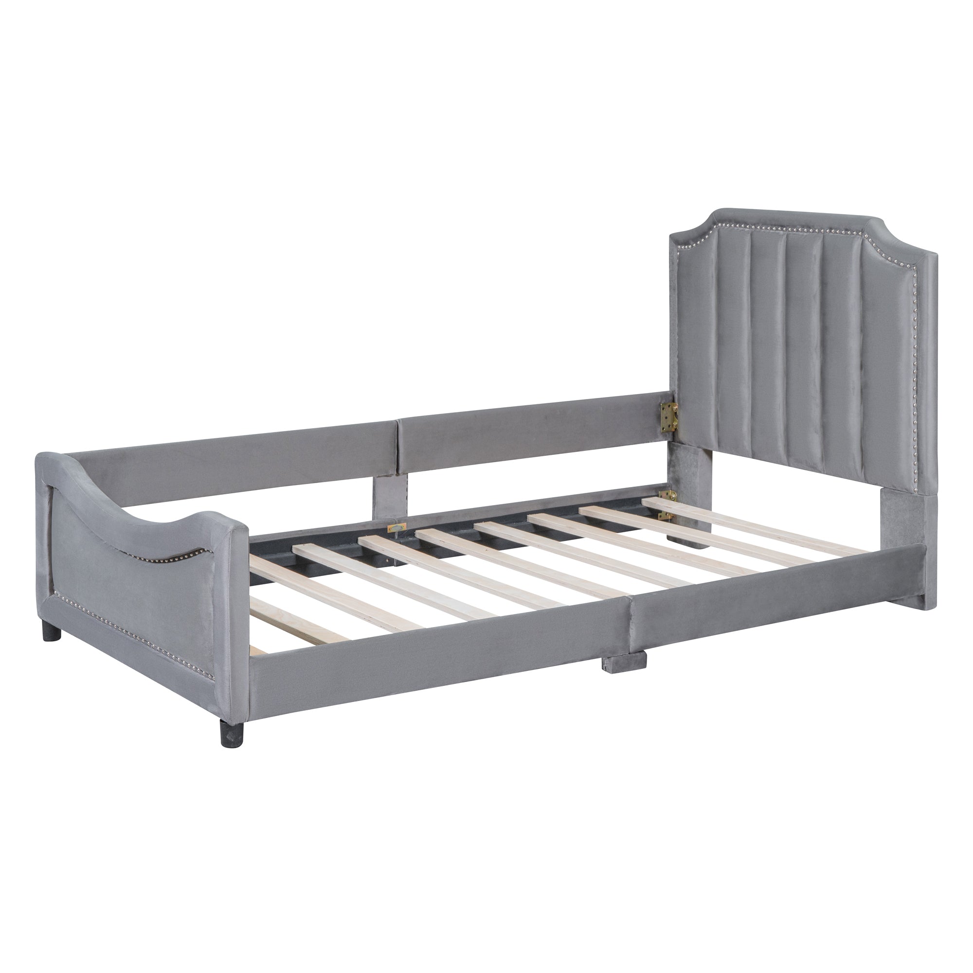 Twin Size Upholstered Daybed with Classic Stripe Shaped  Headboard, Gray - Atlantic Fine Furniture Melbourne FL