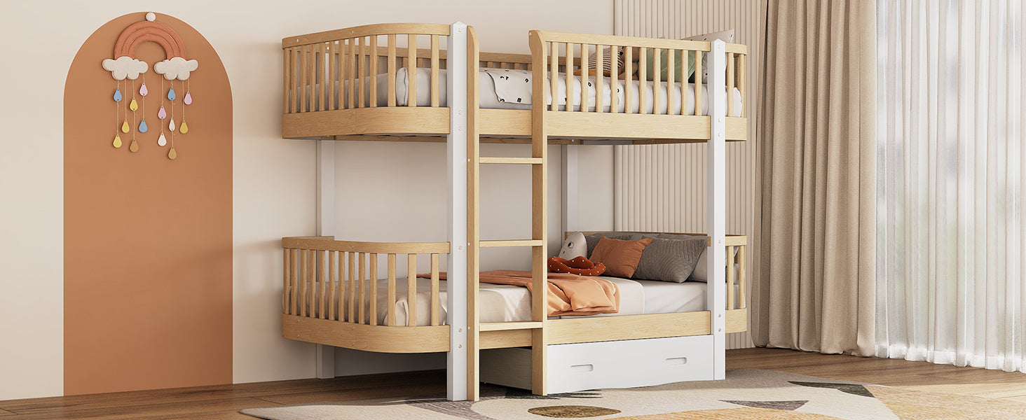 Wood Twin over Twin Bunk Bed with Fence Guardrail and a Big Drawer, Natural White - Atlantic Fine Furniture Melbourne FL