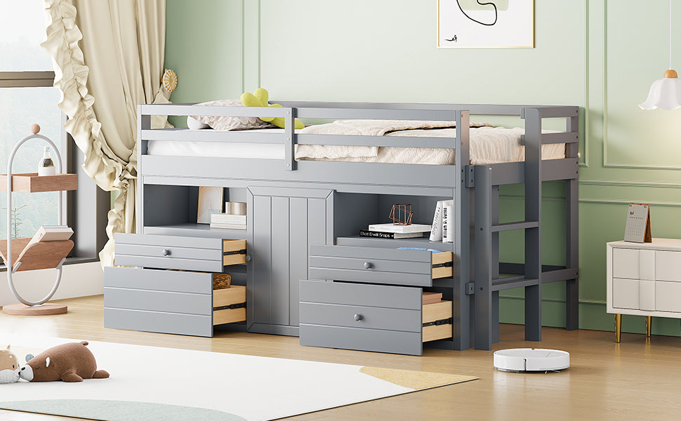 Twin Size Loft Bed with 4 Drawers, Underneath Cabinet and Shelves, Gray - Atlantic Fine Furniture Melbourne FL