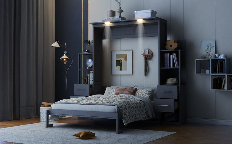 Murphy Wall Bed With Shelves, Drawers And LED Lights