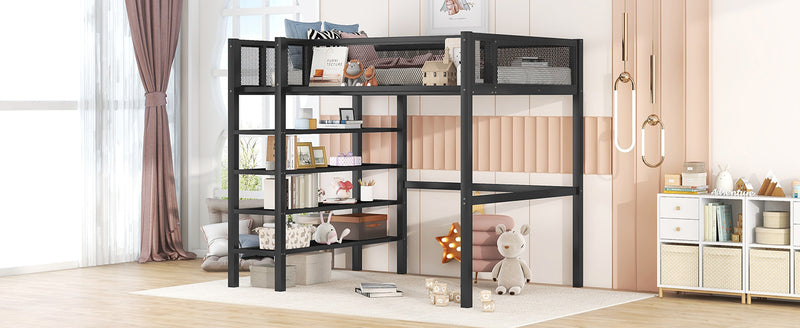 Twin Size Metal Loft Bed with 4-Tier Shelves and Storage, Black